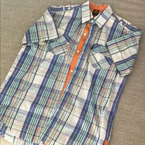 Striped Button-Up Shirt with Orange Accents
